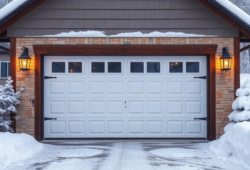 Garage door on a cold winter morning with frost visible on panels